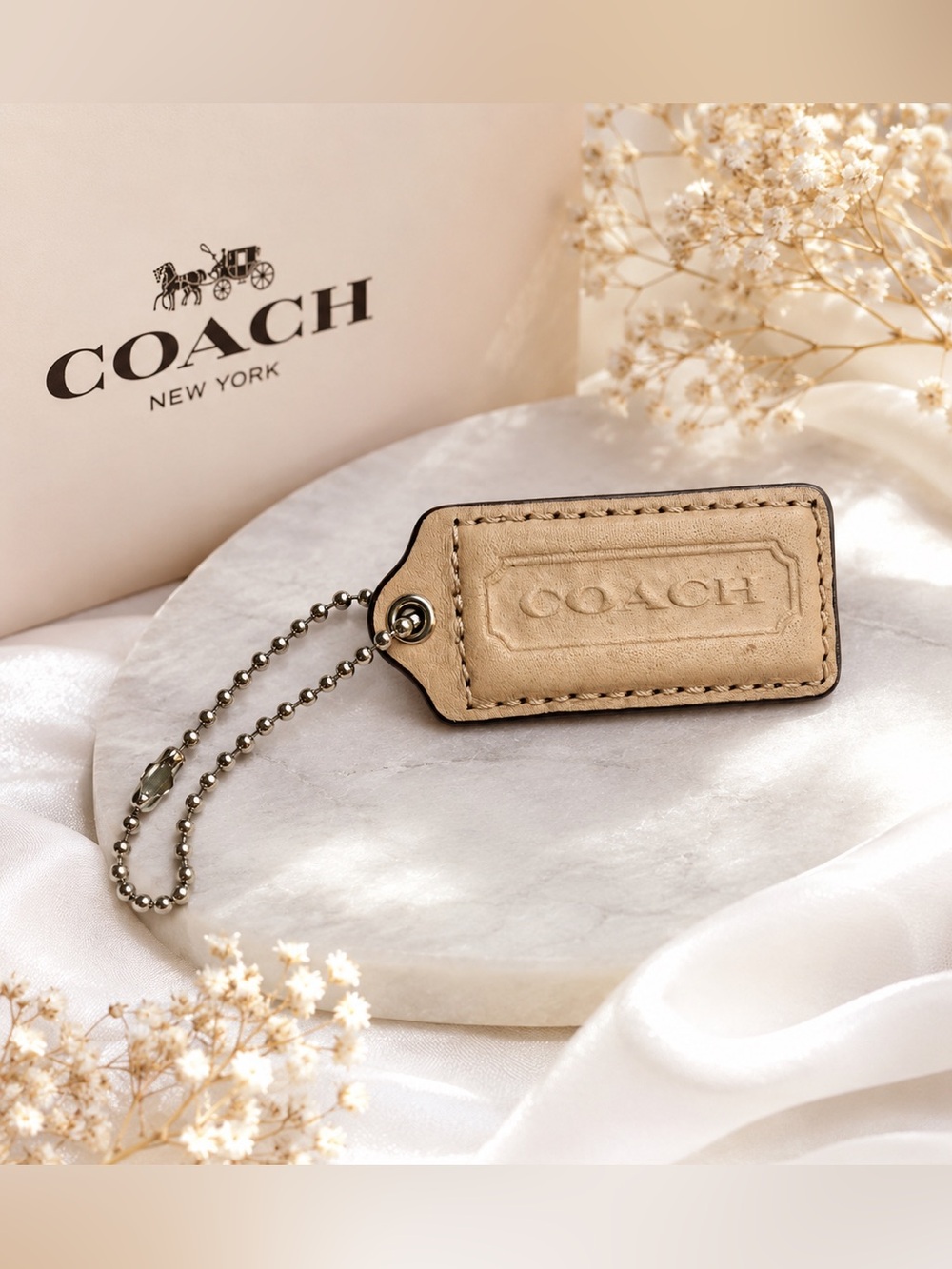 Coach Beige Leather Tag Keychain with Gold Chain